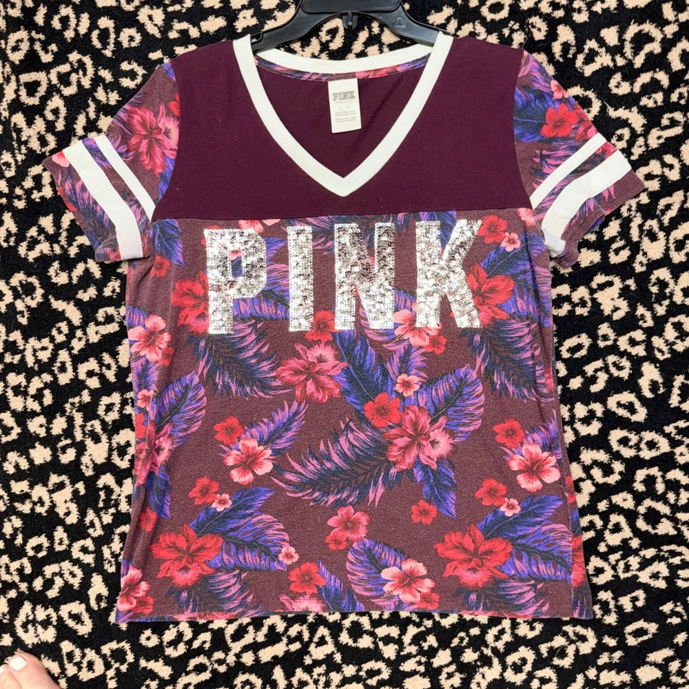 PINK Victoria's Secret T-Shirt Women Large Burgundy Floral Sequin Sporty Y2K